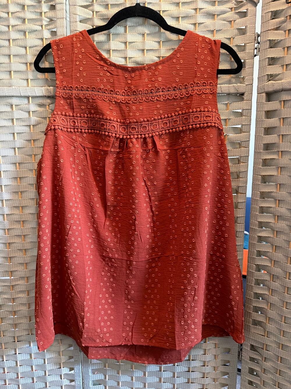 Falechay Women's XL Rust Sleeveless Embroidered Boho Blouse Top Red Tunic NWT
